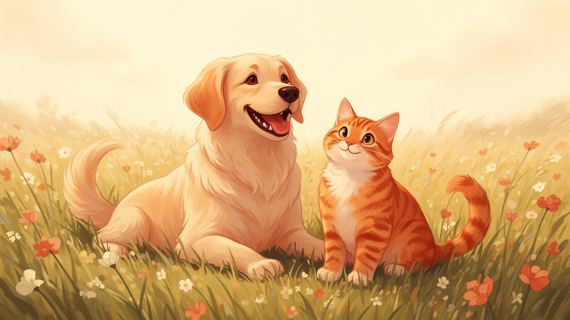 A golden retriever and orange tabby cat together